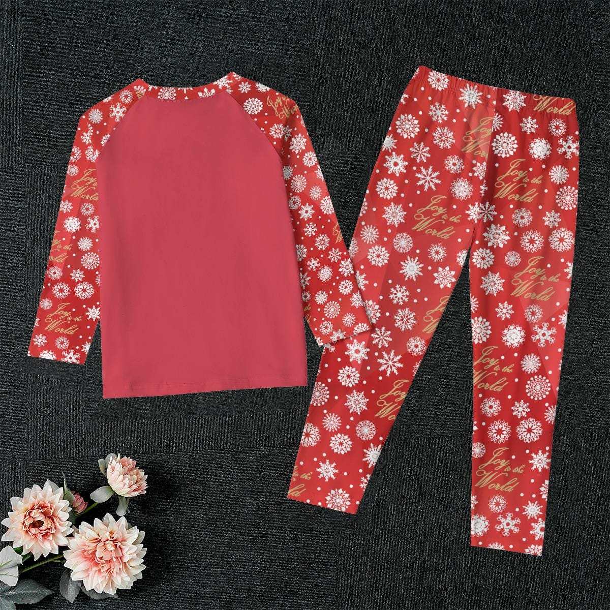 Kid's Red Christmas Holiday Sleepwear Set, Festive 'Joy to the World' Quote  - Matching family pajama  outfit, long sleeves loungewear, 2 pc