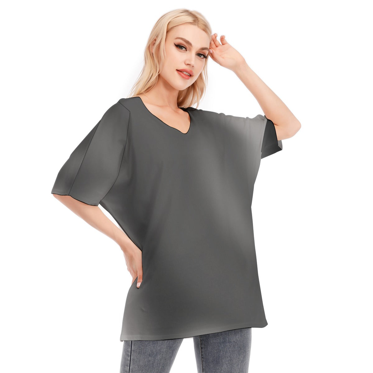 Loose Fit V-Neck Bat Sleeve T-Shirt Blouse with All Over Black Gradient Design for Women - Printspirationz