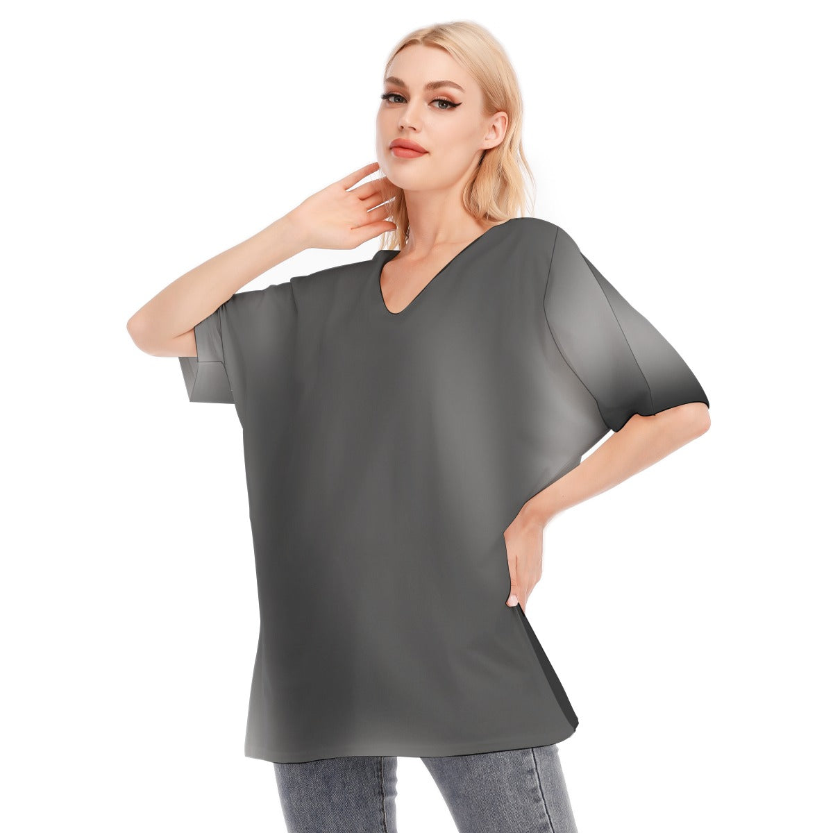 Loose Fit V-Neck Bat Sleeve T-Shirt Blouse with All Over Black Gradient Design for Women - Printspirationz