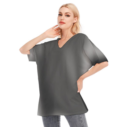 Loose Fit V-Neck Bat Sleeve T-Shirt Blouse with All Over Black Gradient Design for Women - Printspirationz