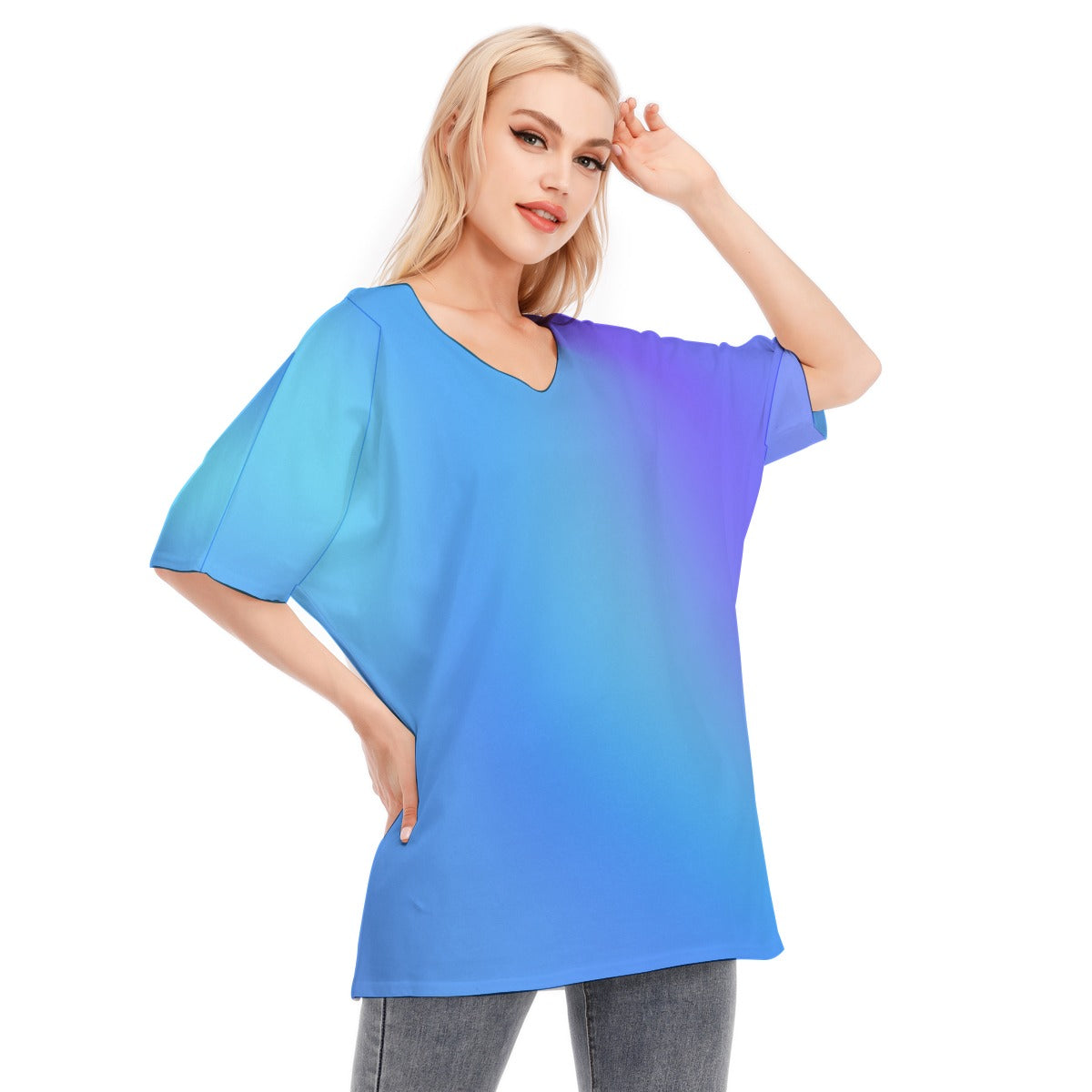 Loose Fit V-Neck Bat Sleeve T-Shirt Blouse with All Over Blue Gradient Design for Women - Printspirationz