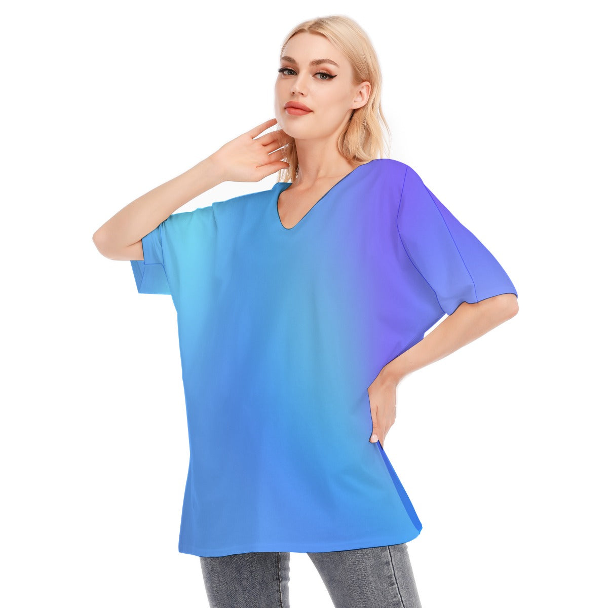 Loose Fit V-Neck Bat Sleeve T-Shirt Blouse with All Over Blue Gradient Design for Women - Printspirationz