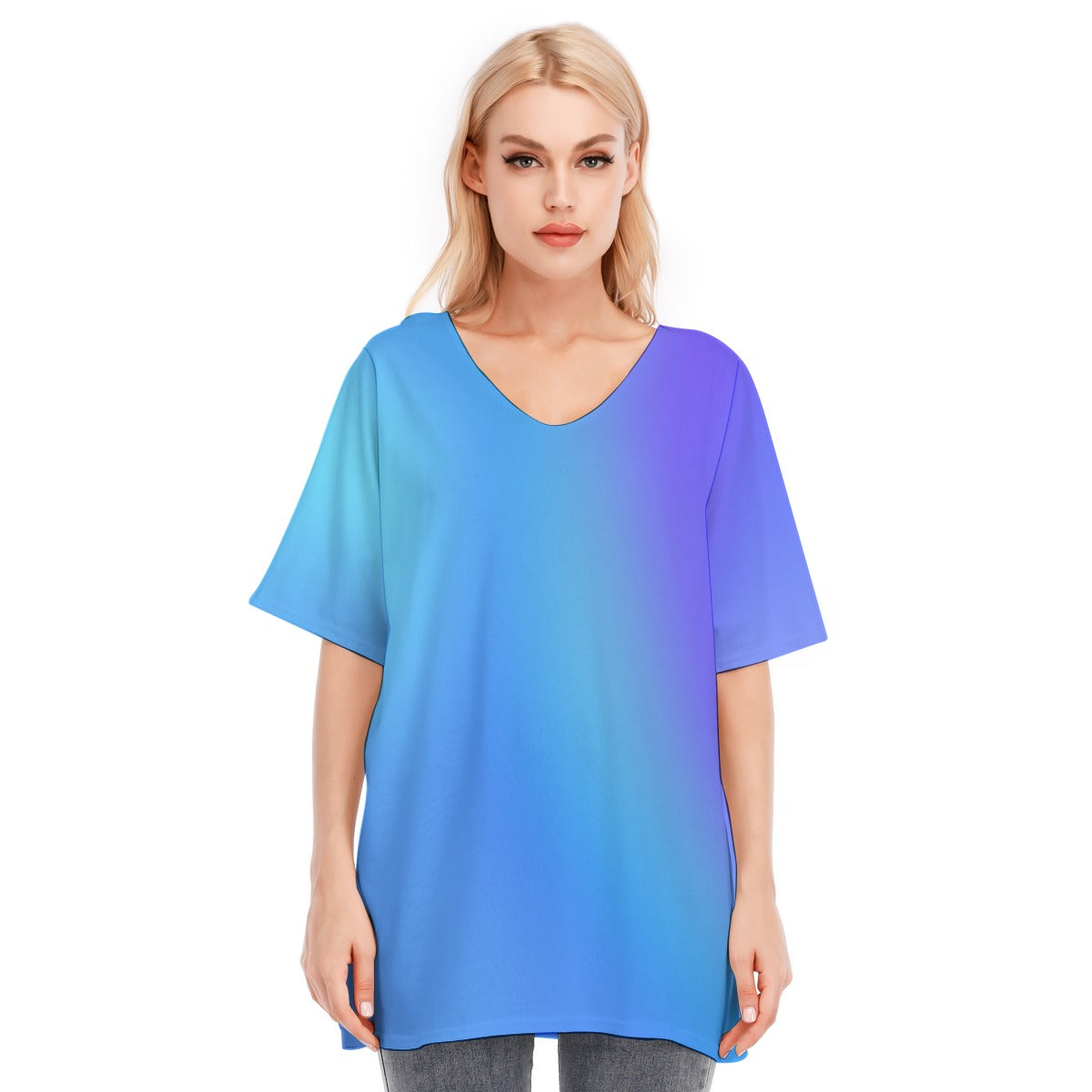 Loose Fit V-Neck Bat Sleeve T-Shirt Blouse with All Over Blue Gradient Design for Women - Printspirationz
