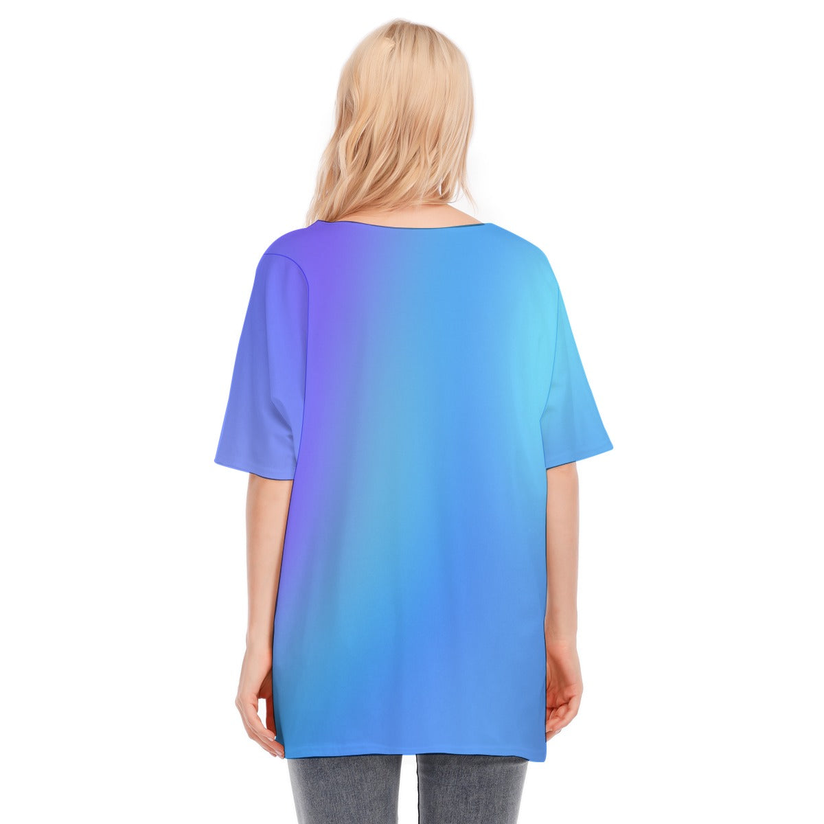 Loose Fit V-Neck Bat Sleeve T-Shirt Blouse with All Over Blue Gradient Design for Women - Printspirationz
