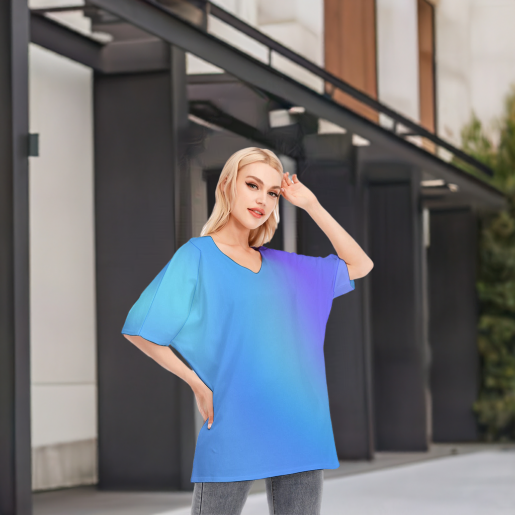 Loose Fit V-Neck Bat Sleeve T-Shirt Blouse with All Over Blue Gradient Design for Women - Printspirationz