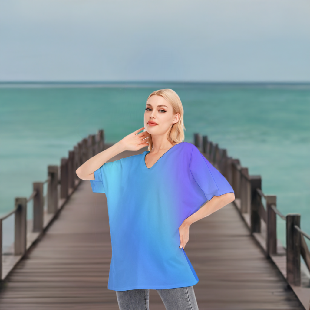 Loose Fit V-Neck Bat Sleeve T-Shirt Blouse with All Over Blue Gradient Design for Women - Printspirationz