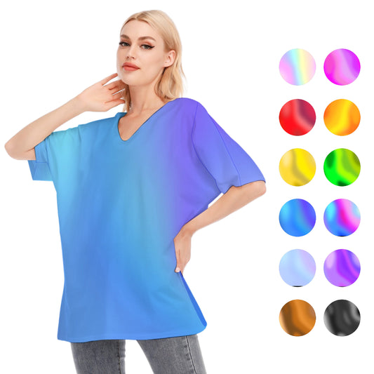 Loose Fit V-Neck Bat Sleeve T-Shirt Blouse with All Over Blue Gradient Design for Women - Printspirationz
