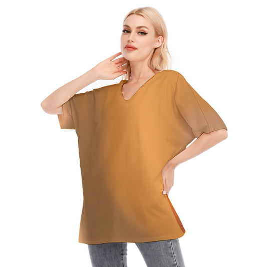 Loose Fit V-Neck Bat Sleeve T-Shirt Blouse with All Over Brown Gradient Design for Women - Printspirationz
