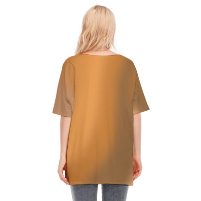 Loose Fit V-Neck Bat Sleeve T-Shirt Blouse with All Over Brown Gradient Design for Women - Printspirationz