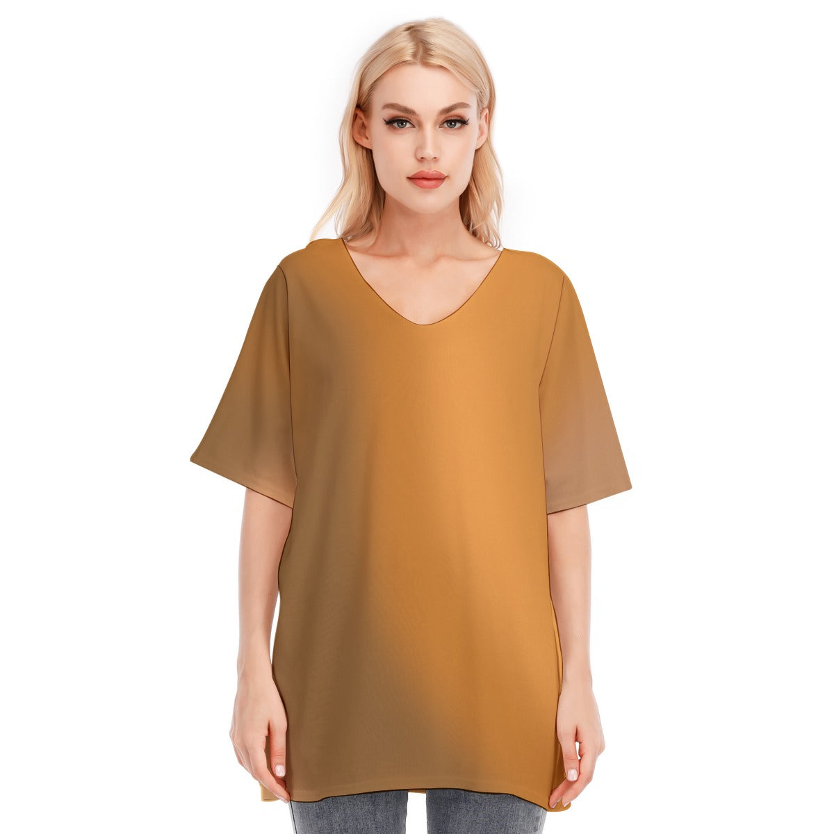 Loose Fit V-Neck Bat Sleeve T-Shirt Blouse with All Over Brown Gradient Design for Women - Printspirationz