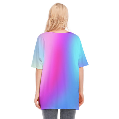 Loose Fit V-Neck Bat Sleeve T-Shirt Blouse with All Over Cool Colors (Blue, Pink, and Purple) Gradient Design for Women - Printspirationz