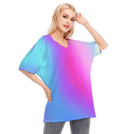 Loose Fit V-Neck Bat Sleeve T-Shirt Blouse with All Over Cool Colors (Blue, Pink, and Purple) Gradient Design for Women - Printspirationz