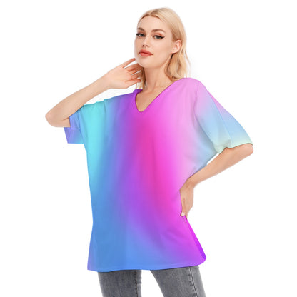 Loose Fit V-Neck Bat Sleeve T-Shirt Blouse with All Over Cool Colors (Blue, Pink, and Purple) Gradient Design for Women - Printspirationz