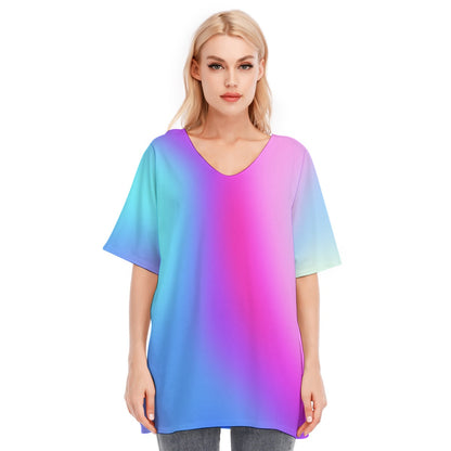 Loose Fit V-Neck Bat Sleeve T-Shirt Blouse with All Over Cool Colors (Blue, Pink, and Purple) Gradient Design for Women - Printspirationz