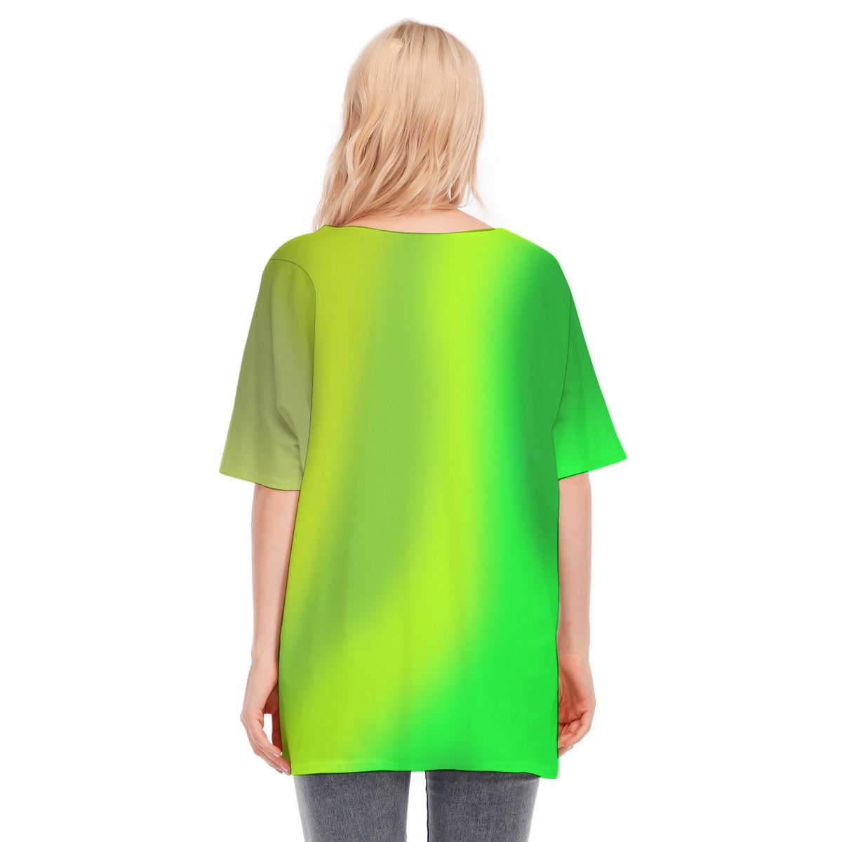 Loose Fit V-Neck Bat Sleeve T-Shirt Blouse with All Over Green Gradient Design for Women - Printspirationz