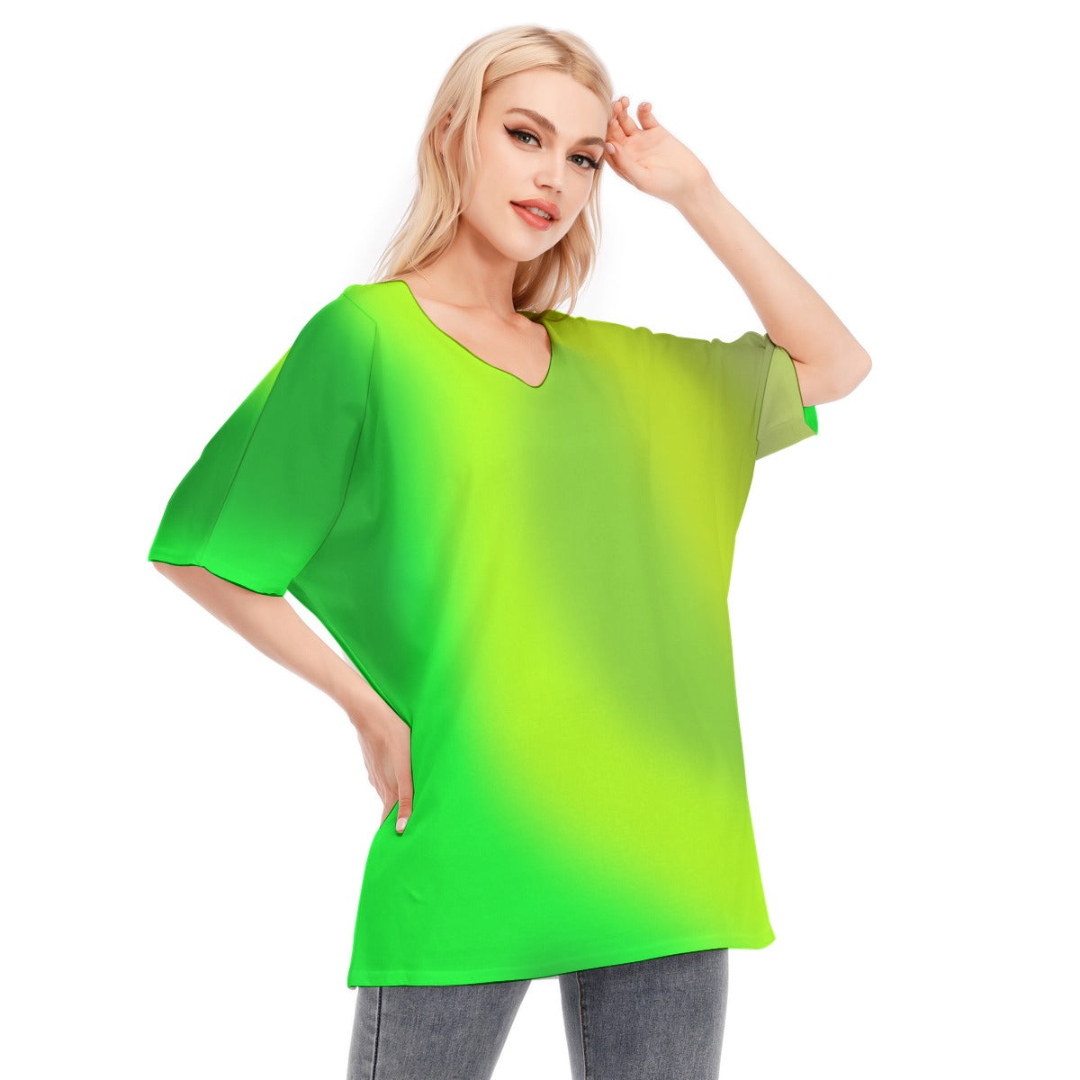 Loose Fit V-Neck Bat Sleeve T-Shirt Blouse with All Over Green Gradient Design for Women - Printspirationz