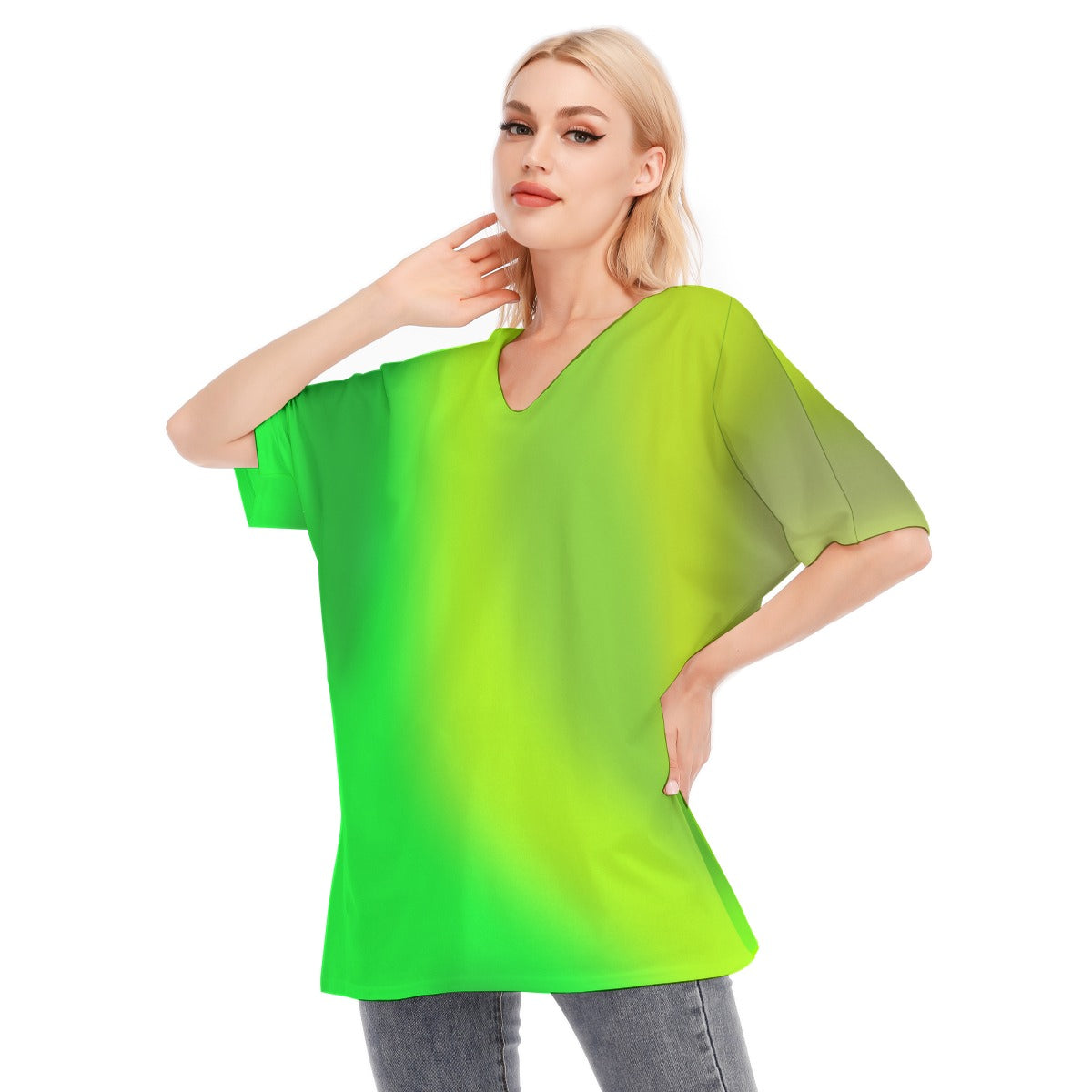 Loose Fit V-Neck Bat Sleeve T-Shirt Blouse with All Over Green Gradient Design for Women - Printspirationz
