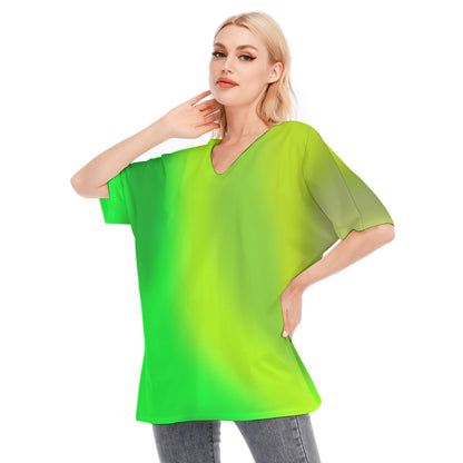 Loose Fit V-Neck Bat Sleeve T-Shirt Blouse with All Over Green Gradient Design for Women - Printspirationz