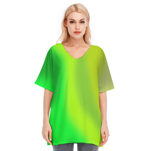 Loose Fit V-Neck Bat Sleeve T-Shirt Blouse with All Over Green Gradient Design for Women - Printspirationz