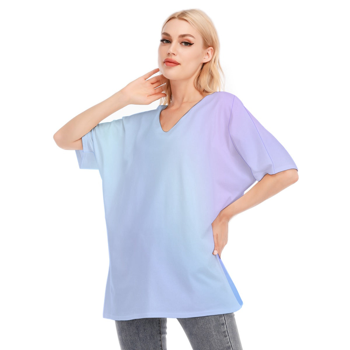 Loose Fit V-Neck Bat Sleeve T-Shirt Blouse with All Over Light Blue Gradient Design for Women - Printspirationz