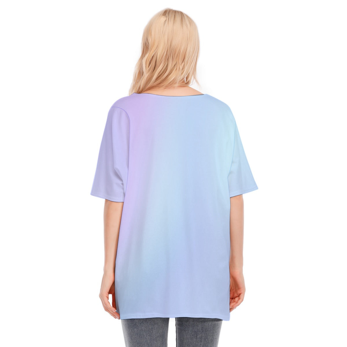 Loose Fit V-Neck Bat Sleeve T-Shirt Blouse with All Over Light Blue Gradient Design for Women - Printspirationz
