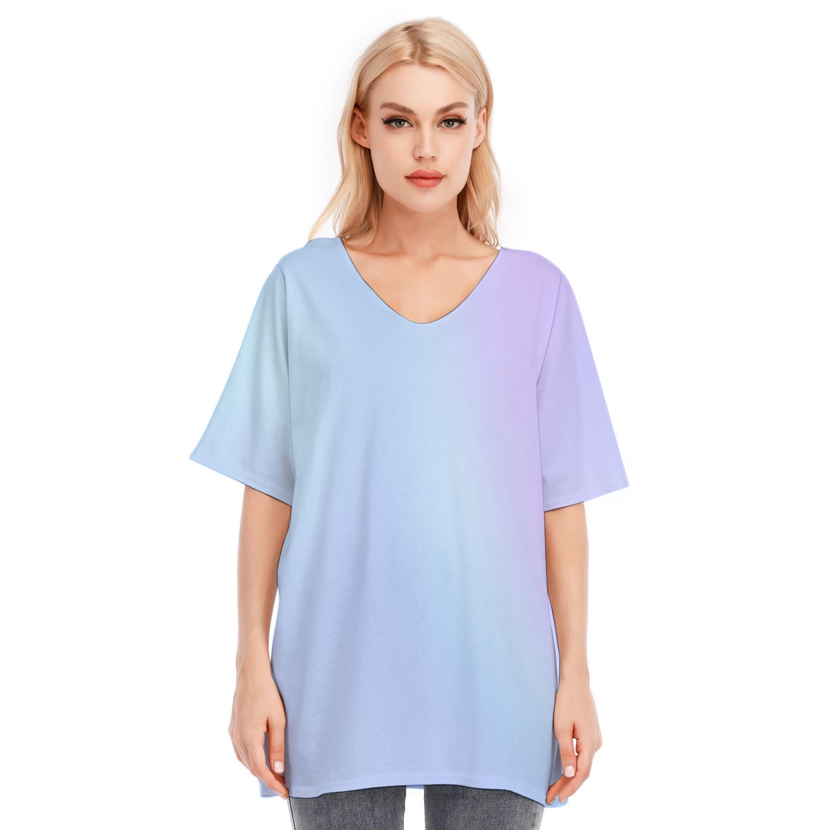 Loose Fit V-Neck Bat Sleeve T-Shirt Blouse with All Over Light Blue Gradient Design for Women - Printspirationz