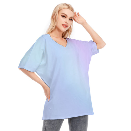 Loose Fit V-Neck Bat Sleeve T-Shirt Blouse with All Over Light Blue Gradient Design for Women - Printspirationz