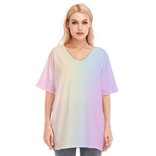 Loose Fit V-Neck Bat Sleeve T-Shirt Blouse with All Over Pastel Rainbow Gradient Design for Women - Printspirationz