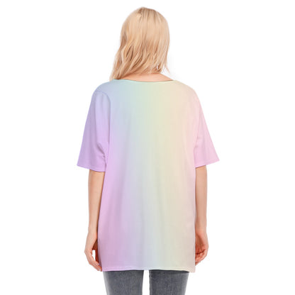 Loose Fit V-Neck Bat Sleeve T-Shirt Blouse with All Over Pastel Rainbow Gradient Design for Women - Printspirationz