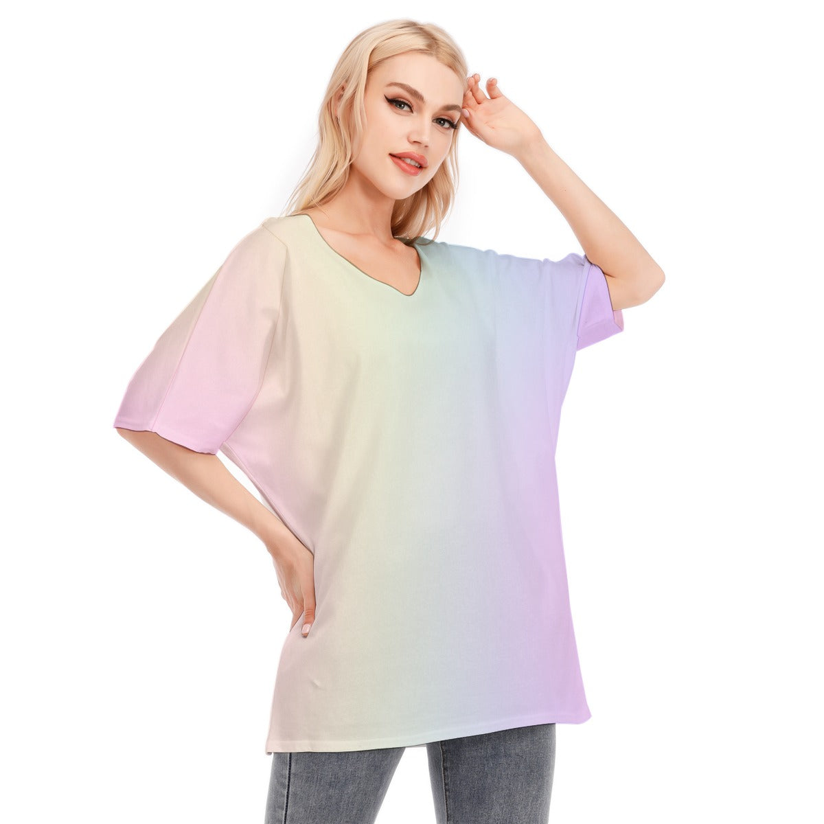 Loose Fit V-Neck Bat Sleeve T-Shirt Blouse with All Over Pastel Rainbow Gradient Design for Women - Printspirationz