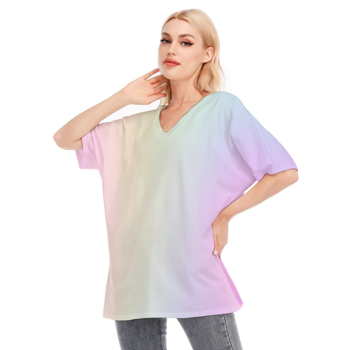 Loose Fit V-Neck Bat Sleeve T-Shirt Blouse with All Over Pastel Rainbow Gradient Design for Women - Printspirationz