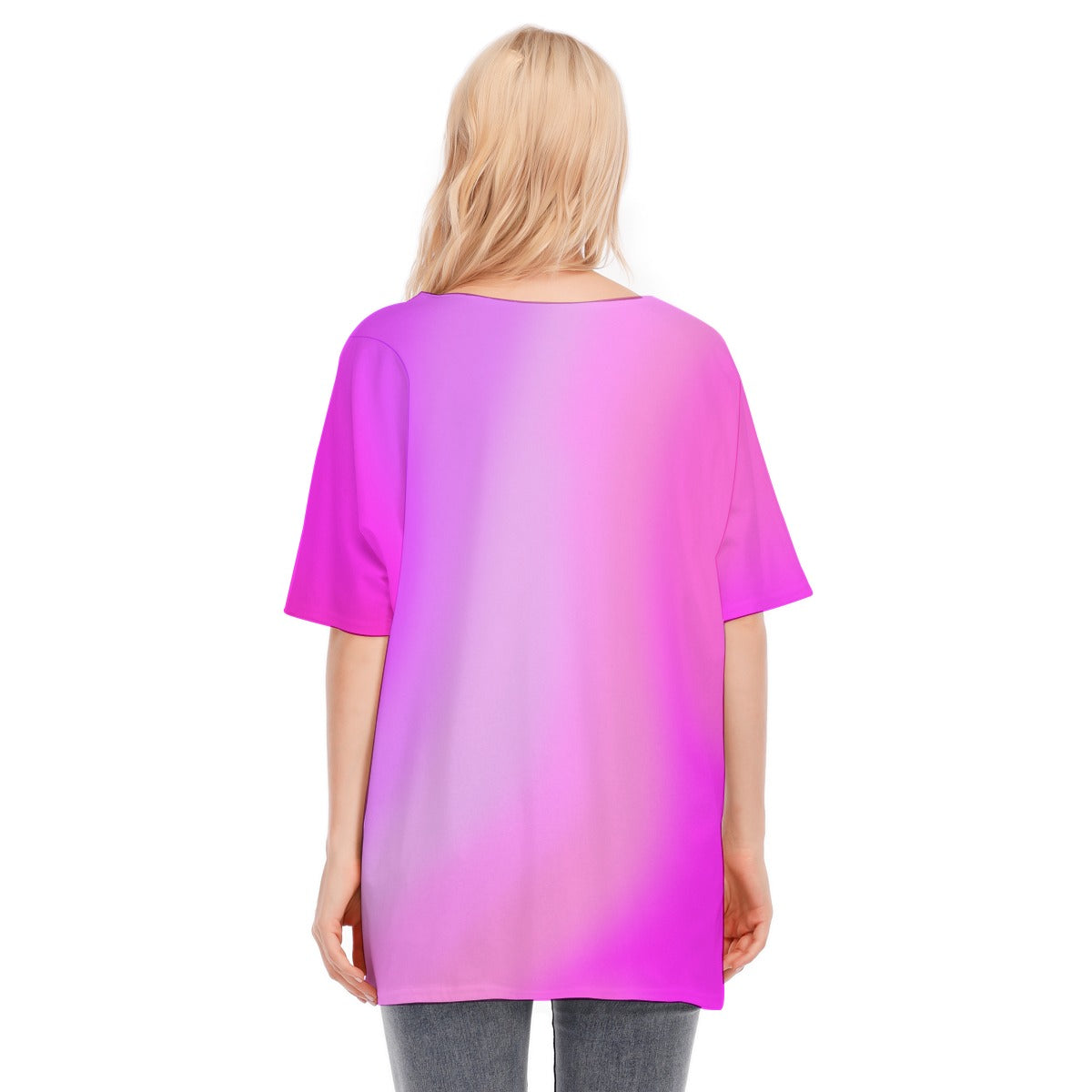 Loose Fit V-Neck Bat Sleeve T-Shirt Blouse with All Over Pink Gradient Design for Women - Printspirationz