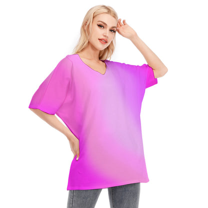 Loose Fit V-Neck Bat Sleeve T-Shirt Blouse with All Over Pink Gradient Design for Women - Printspirationz