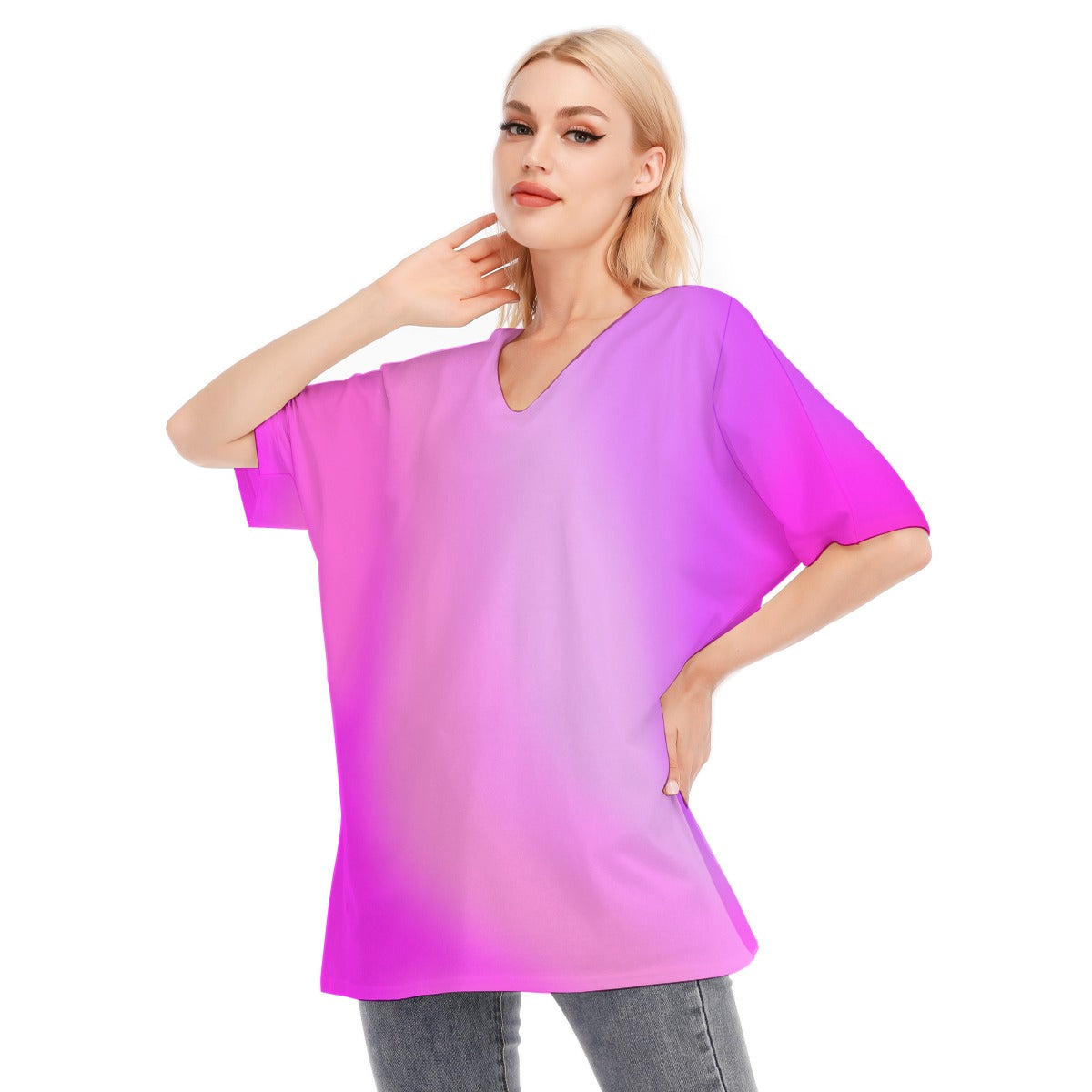 Loose Fit V-Neck Bat Sleeve T-Shirt Blouse with All Over Pink Gradient Design for Women - Printspirationz