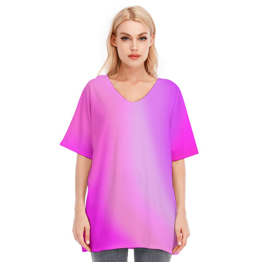 Loose Fit V-Neck Bat Sleeve T-Shirt Blouse with All Over Pink Gradient Design for Women - Printspirationz