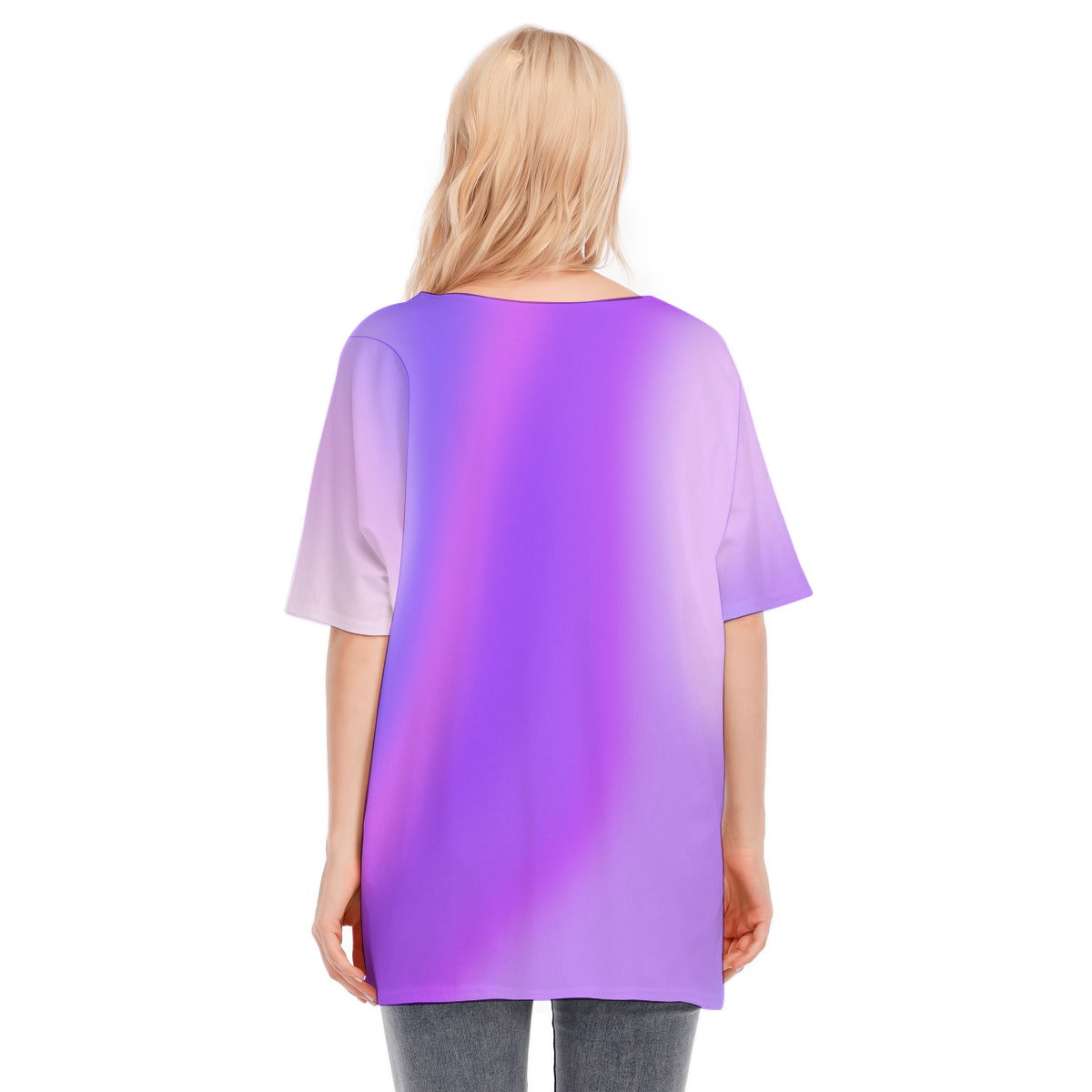 Loose Fit V-Neck Bat Sleeve T-Shirt Blouse with All Over Purple Gradient Design for Women - Printspirationz