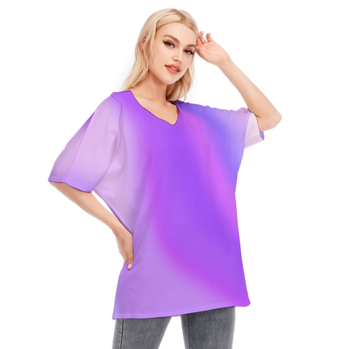 Loose Fit V-Neck Bat Sleeve T-Shirt Blouse with All Over Purple Gradient Design for Women - Printspirationz
