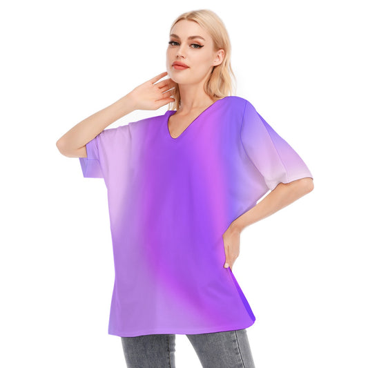 Loose Fit V-Neck Bat Sleeve T-Shirt Blouse with All Over Purple Gradient Design for Women - Printspirationz