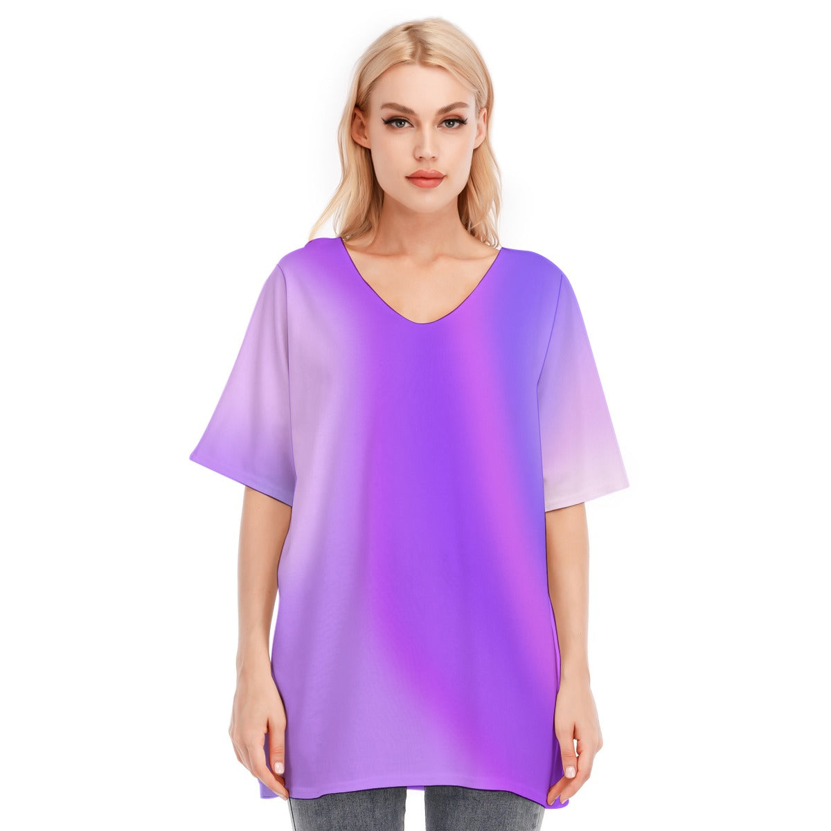 Loose Fit V-Neck Bat Sleeve T-Shirt Blouse with All Over Purple Gradient Design for Women - Printspirationz