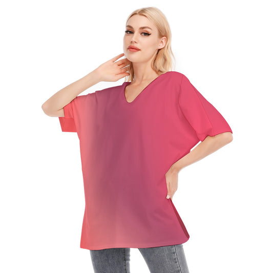 Loose Fit V-Neck Bat Sleeve T-Shirt Blouse with All Over Red Gradient Design for Women - Printspirationz