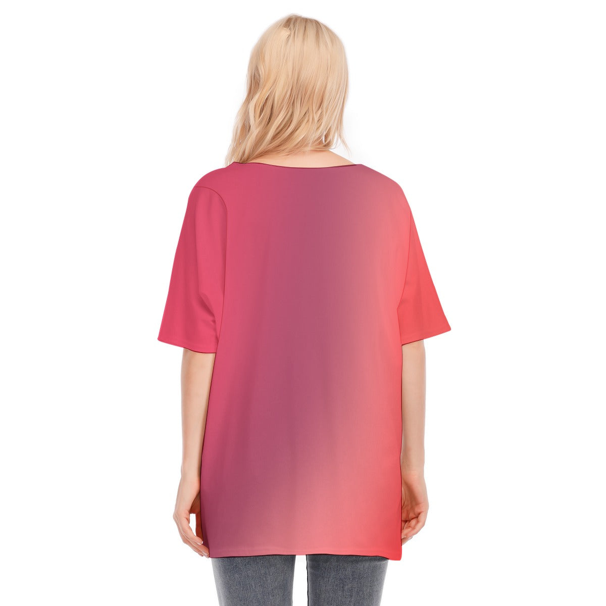 Loose Fit V-Neck Bat Sleeve T-Shirt Blouse with All Over Red Gradient Design for Women - Printspirationz