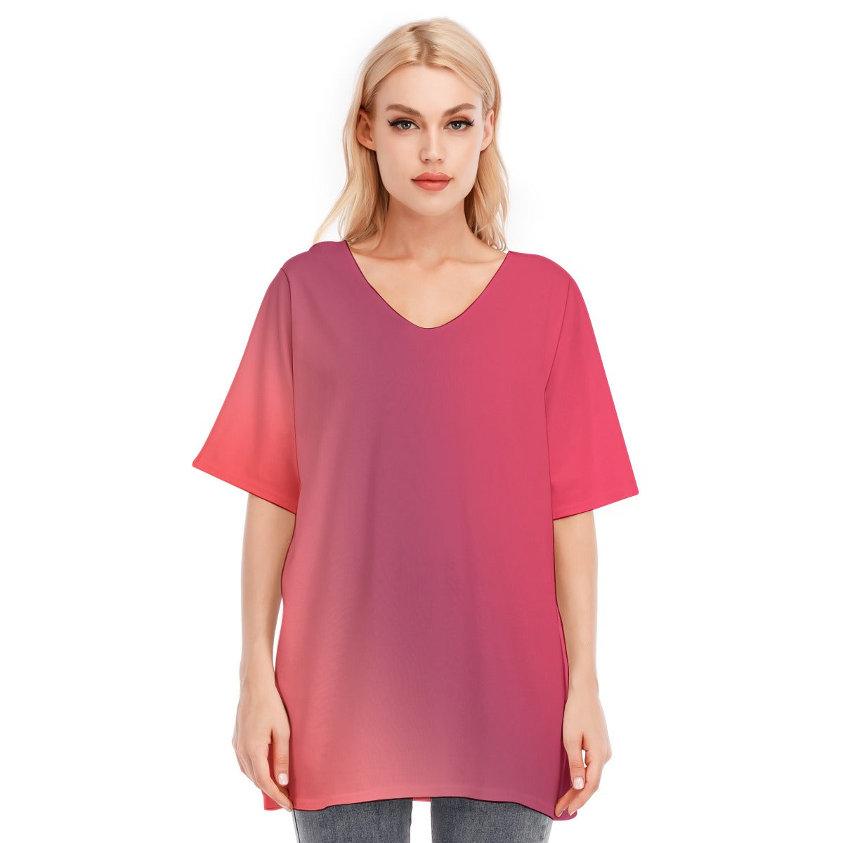 Loose Fit V-Neck Bat Sleeve T-Shirt Blouse with All Over Red Gradient Design for Women - Printspirationz