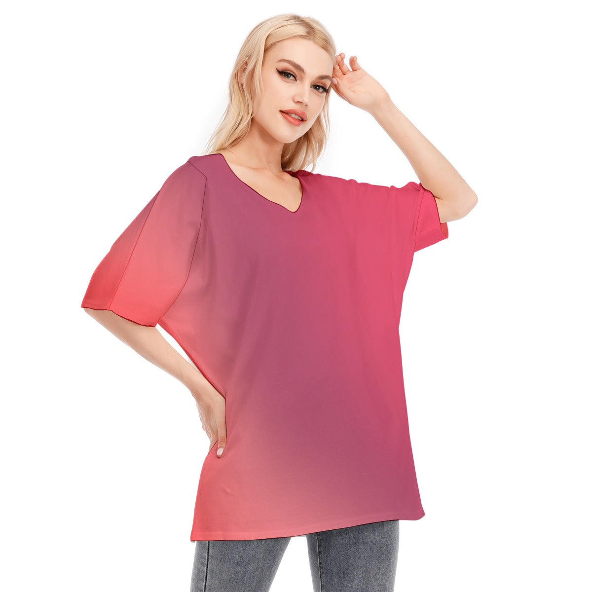 Loose Fit V-Neck Bat Sleeve T-Shirt Blouse with All Over Red Gradient Design for Women - Printspirationz