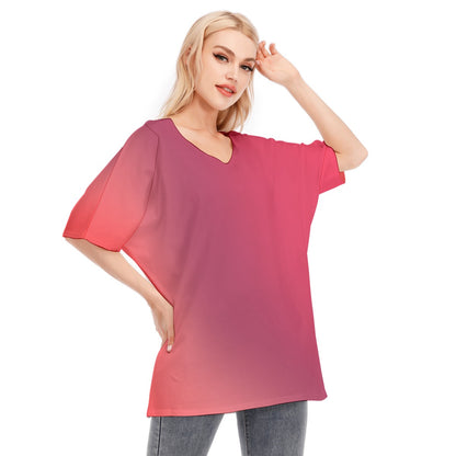 Loose Fit V-Neck Bat Sleeve T-Shirt Blouse with All Over Red Gradient Design for Women - Printspirationz