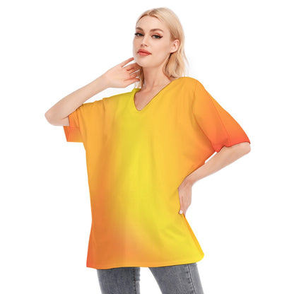 Loose Fit V-Neck Bat Sleeve T-Shirt Blouse with All Over Warm Colors (Red, Orange, Yellow) Gradient Design for Women - Printspirationz