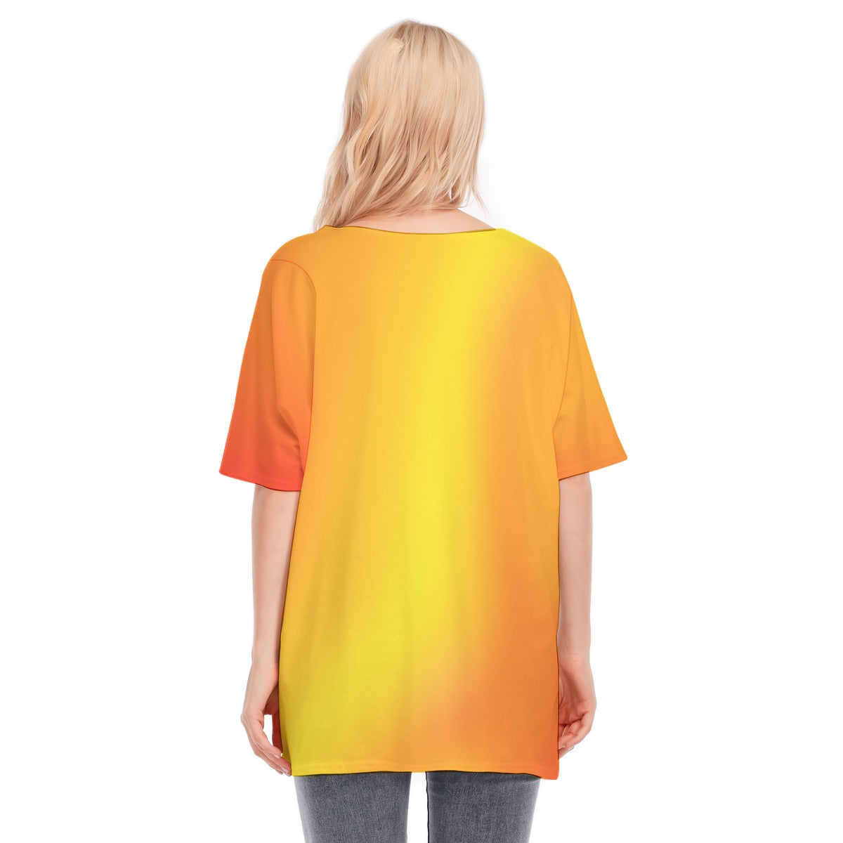 Loose Fit V-Neck Bat Sleeve T-Shirt Blouse with All Over Warm Colors (Red, Orange, Yellow) Gradient Design for Women - Printspirationz