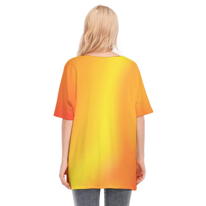 Loose Fit V-Neck Bat Sleeve T-Shirt Blouse with All Over Warm Colors (Red, Orange, Yellow) Gradient Design for Women - Printspirationz
