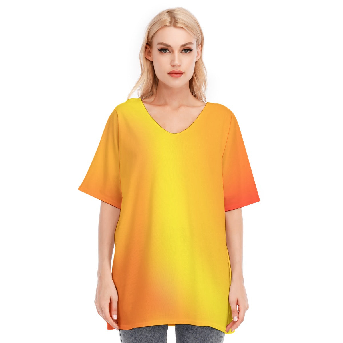 Loose Fit V-Neck Bat Sleeve T-Shirt Blouse with All Over Warm Colors (Red, Orange, Yellow) Gradient Design for Women - Printspirationz