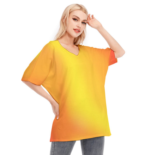 Loose Fit V-Neck Bat Sleeve T-Shirt Blouse with All Over Warm Colors (Red, Orange, Yellow) Gradient Design for Women - Printspirationz