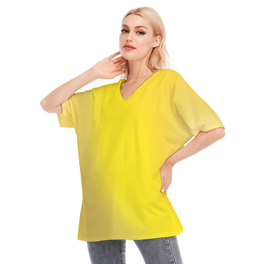Loose Fit V-Neck Bat Sleeve T-Shirt Blouse with All Over Yellow Gradient Design for Women - Printspirationz